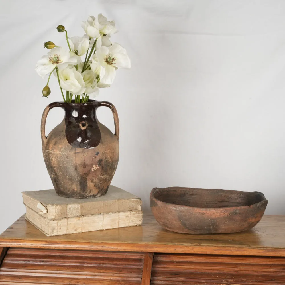 19th-century terracotta folk art oval bowl 13"