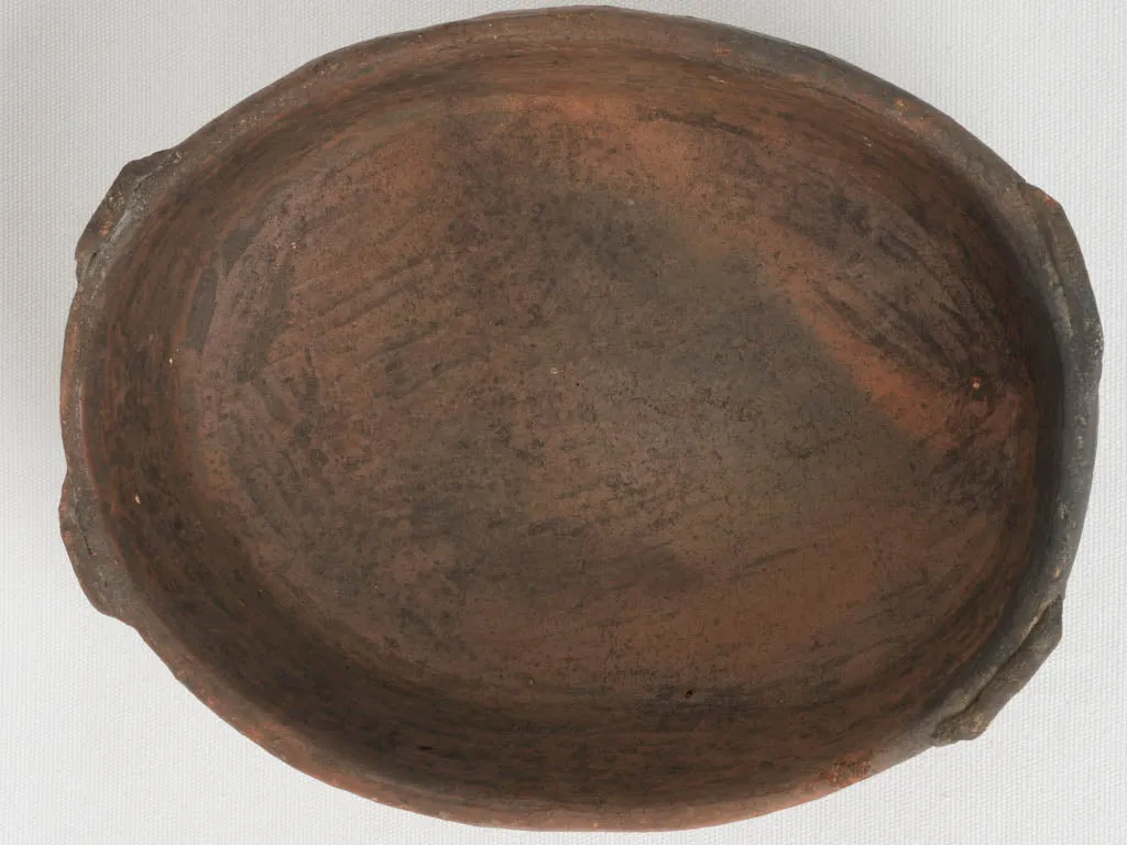 19th-century terracotta folk art oval bowl 13"