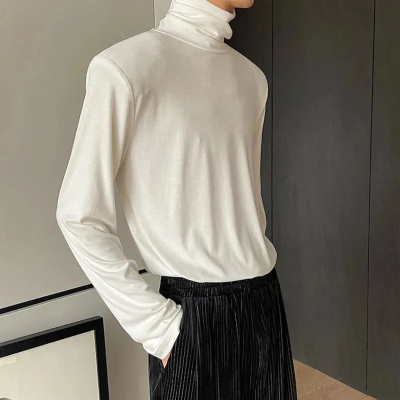 Autumn Men's T-shirt Turtleneck Solid Collar Shoulder Pad Long Sleeve Slim Fit Tops Solid Color Pullover Top 9A2222