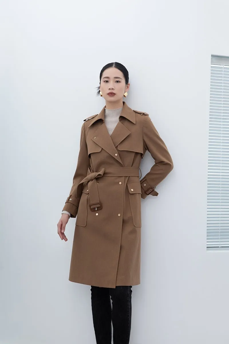 Camel Long Trench Coats With Metal Buttons