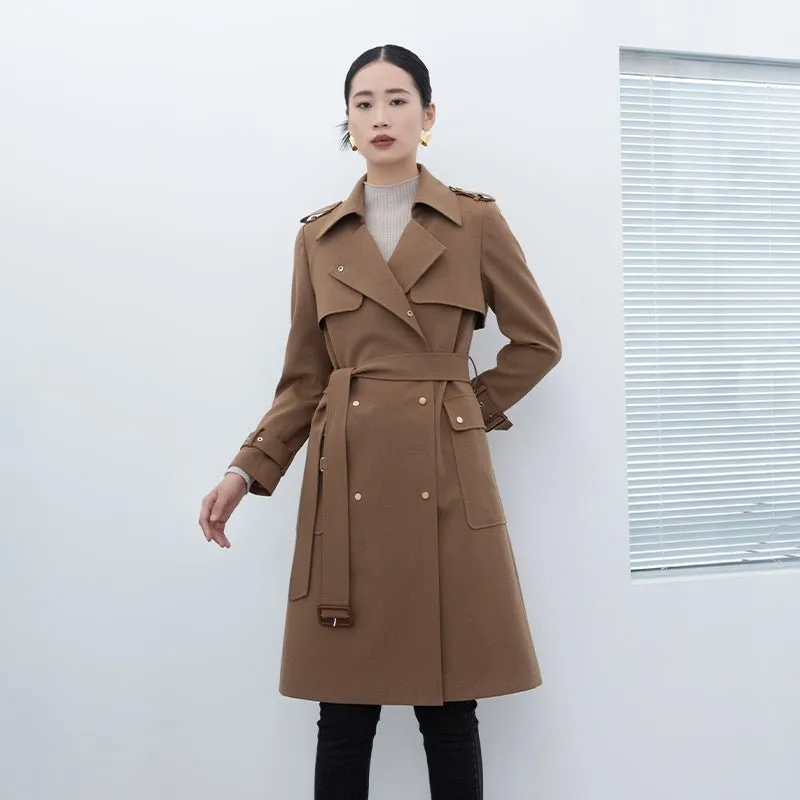 Camel Long Trench Coats With Metal Buttons