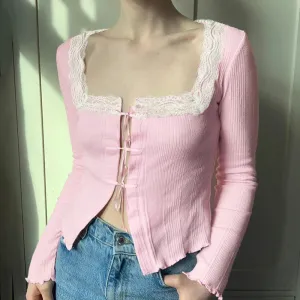 Cutecore Pink Square Neck Female Tee Bow Coquette Clothes Lace Spliced Autumn T-shirts Front Tie-Up Korean Slim Tops