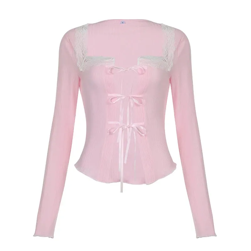 Cutecore Pink Square Neck Female Tee Bow Coquette Clothes Lace Spliced Autumn T-shirts Front Tie-Up Korean Slim Tops