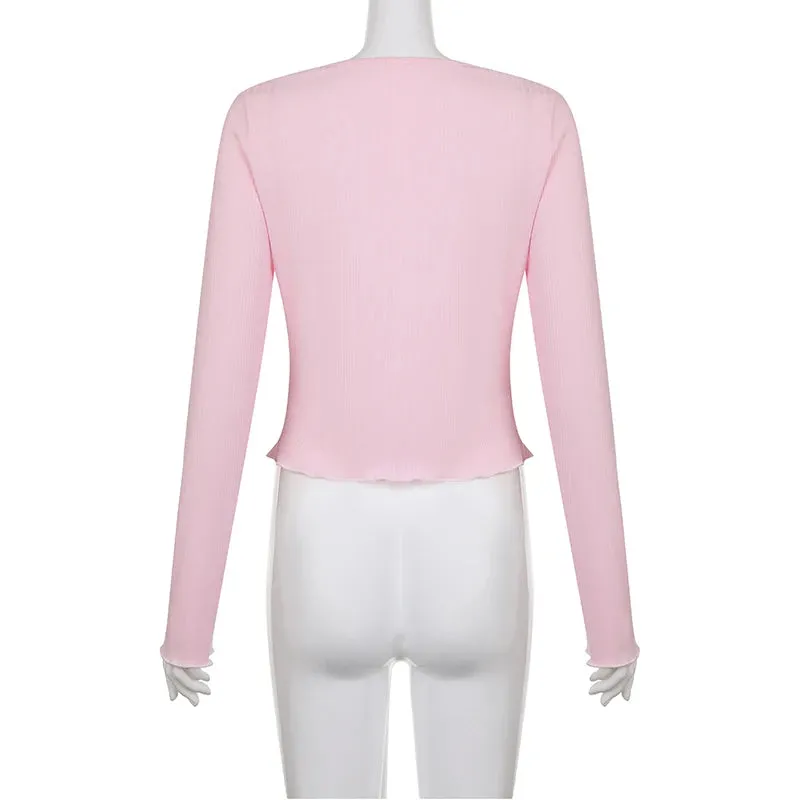 Cutecore Pink Square Neck Female Tee Bow Coquette Clothes Lace Spliced Autumn T-shirts Front Tie-Up Korean Slim Tops