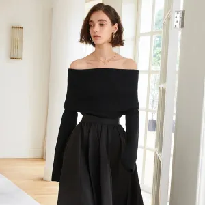 Knitting Sweater For Women Slash Neck Off Shoulder Long Sleeve Solid Minimalsit Pullover Female Clothing Style