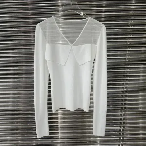 Skinny T Shirt For Women V Neck Long Sleeve Patchwork Mesh Solid Slim T Shirts Female Clothes Spring Style