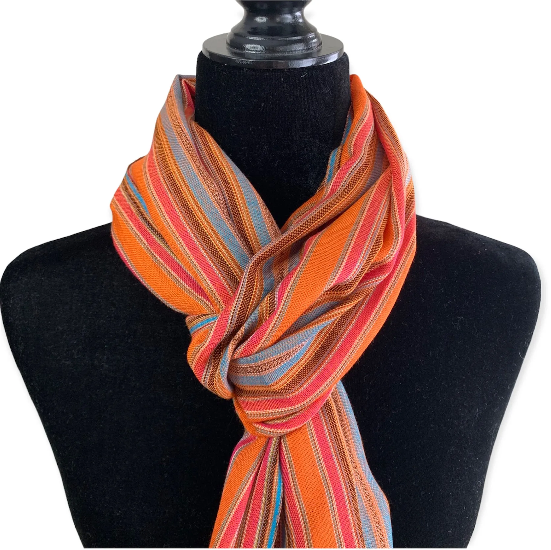 Small Mixed Striped Handwoven Bamboo Viscose Scarf - Orange