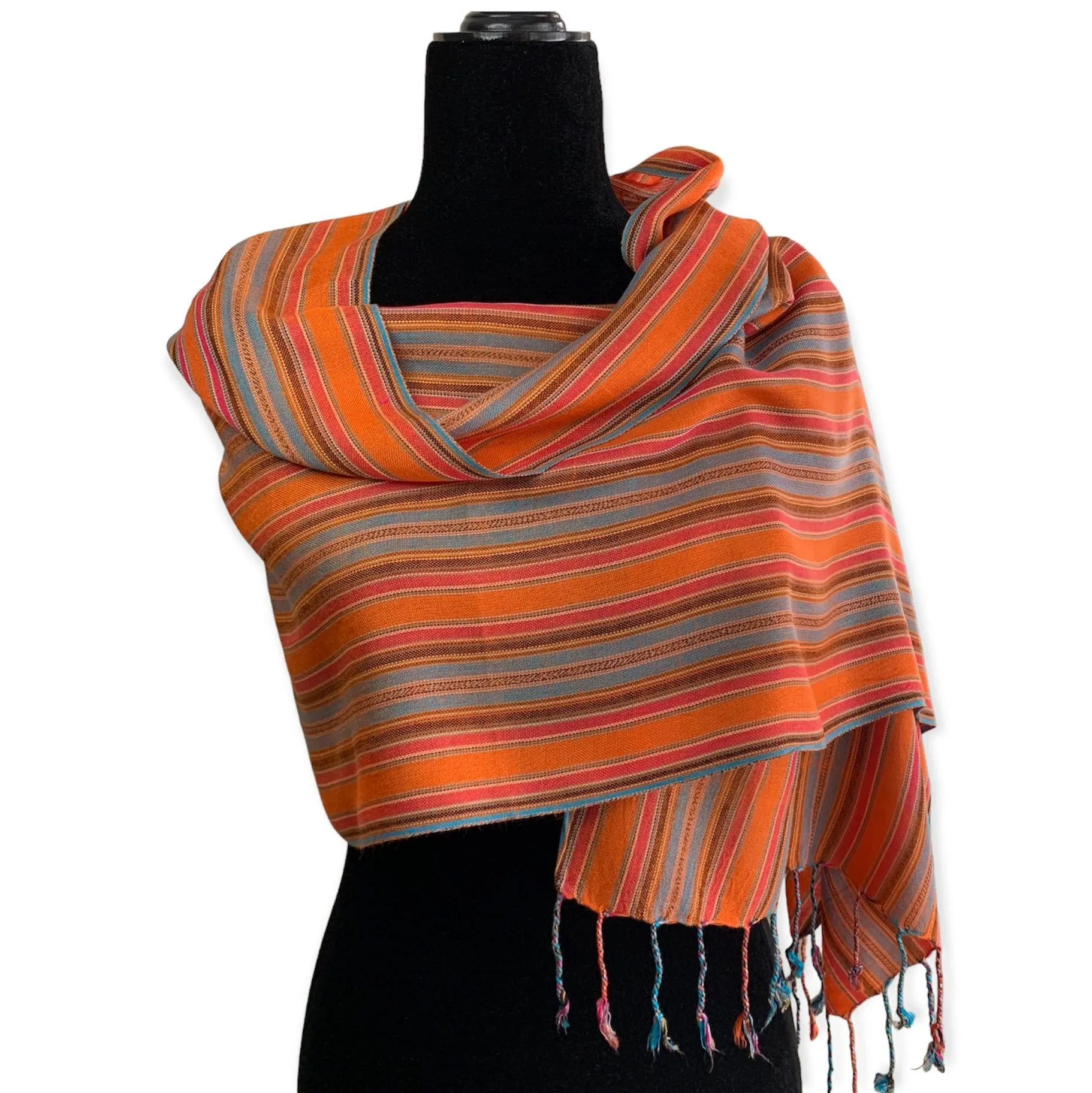 Small Mixed Striped Handwoven Bamboo Viscose Scarf - Orange