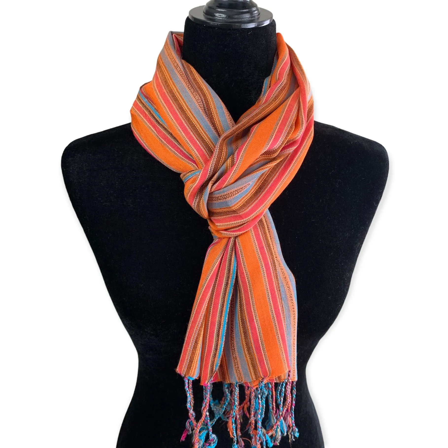 Small Mixed Striped Handwoven Bamboo Viscose Scarf - Orange