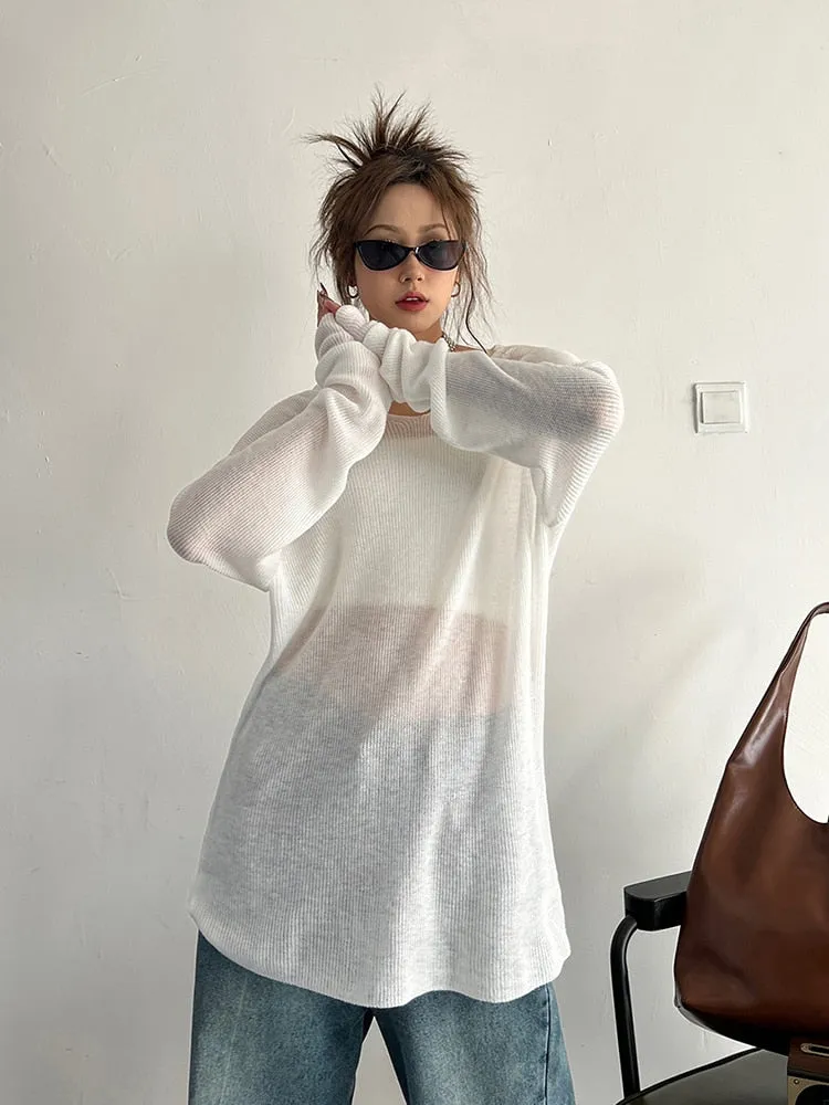 Solid Knitted T Shirts For Women V Neck Long Sleeve Loose Casual Minimalist Pullover T Shirt Female Fashion Clothes