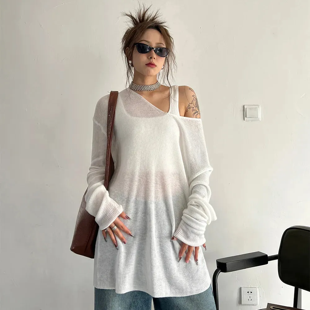 Solid Knitted T Shirts For Women V Neck Long Sleeve Loose Casual Minimalist Pullover T Shirt Female Fashion Clothes