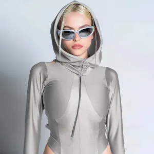 Streetwear Skinny Hooded Women Bodysuit Hollow Out Long Sleeve Drawstring Autumn Body Holographic Moto Style Clothing