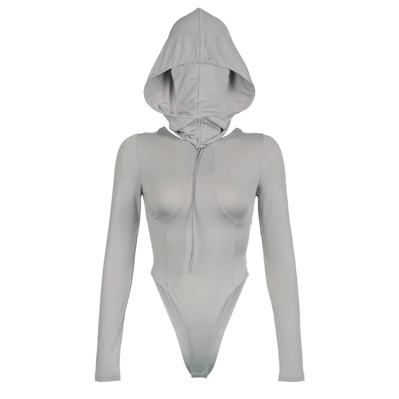 Streetwear Skinny Hooded Women Bodysuit Hollow Out Long Sleeve Drawstring Autumn Body Holographic Moto Style Clothing