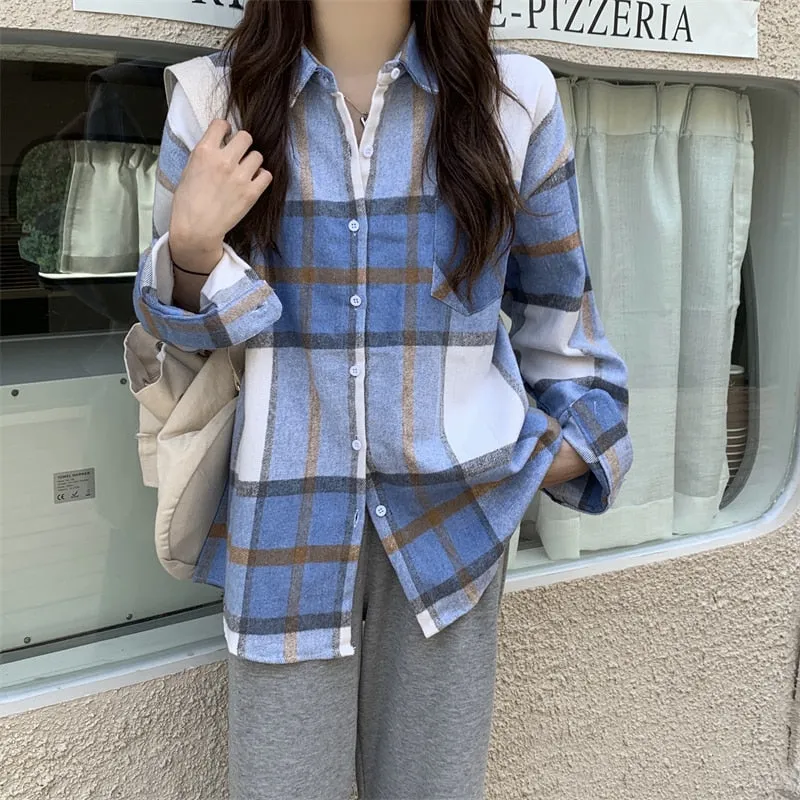 Vintage Women Plaid Shirts Designed Thick Long Sleeve Oversize Ladies Button Up Shirt Turn Down Collar Fall Female Tops