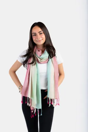 Wide Striped Handwoven Bamboo Viscose Scarf - Pink & Pistachio