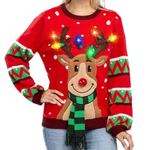 Womens LED Light Up Reindeer Ugly Christmas Sweater Built-in Light Bulbs (Red, Medium)